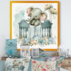 an elephant is sitting on top of a baby crib with flowers and birds around it