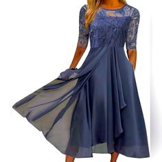 This Stunning Women's Dress Is Perfect For Any Formal Occasion. The Tea-Length Chiffon Dress Features Delicate Floral Embroidery And A Flattering Fit & Flare Style. The Short Sleeve Dress Is Made From High-Quality Chiffon And Lace Materials, Ensuring Comfort And Durability. The Beautiful Blue Color Adds A Touch Of Elegance To The Dress, Making It Perfect For Weddings, Parties, And Cocktail Events. The Dress Is Available In Size S, With A Regular Size Type And A Midi Dress Length. This Dress Has Thick Coat, Shift Dresses, Dress For Summer, Dress Stores Online, Maxi Dress Online, Maxi Robes, Midi Short Sleeve Dress, Chiffon Maxi, Wedding Guest Dress Summer