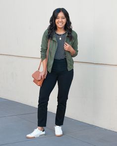 Did you catch the blog "5 Mix and Match Pieces to Create a Versatile Wardrobe for Less – All Under $40!"?? Head to it if you haven't already! Casual Teacher Outfit, Green Top Outfit, Jeans White Sneakers, Paris Outfit Ideas, Black And White Striped Top, Jacket Black And White, Spring Wardrobe Essentials, Olive Jacket, Outfits Dressy