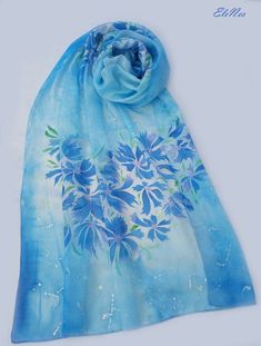 Large hand painted silk scarf with bright blue cornflowers and | Etsy Blue Hand Painted Silk Scarf, Artistic Blue Silk Scarf For Spring, Hand Painted Blue Silk Scarf For Summer, Blue Hand-dyed Silk Scarf For Summer, Blue Hand Painted Bohemian Silk Scarf, Hand Dyed Blue Silk Scarf For Summer, Summer Hand Dyed Blue Silk Scarf, Blue Bohemian Hand Painted Silk Scarf, Blue Hand Dyed Silk Scarf For Summer