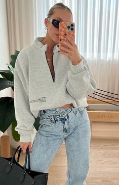 Caught Up With You Zip Front Sweater Grey Marle Sarah's Day, Waistband Design, High Rise Straight Leg Jeans, Zip Front Sweater, Winter Inspo, Silver Button, Sweater Grey, Vintage Fits, Clean Girl