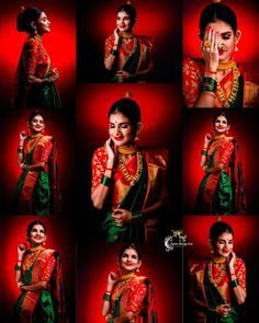 many different pictures of a woman in red and green sari with her hands on her face