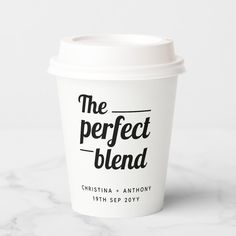 the perfect blend coffee cup sits on a marble surface