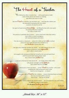 an apple sitting on top of a table next to a poem about the heart of a teacher