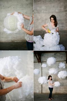 a woman is making fluffy clouds with her hands