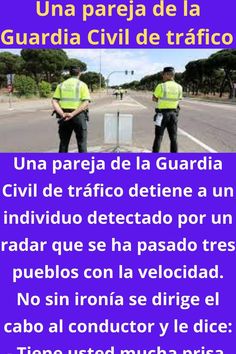 two police officers standing on the side of a road with words in spanish and english