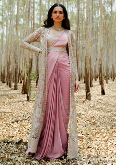 Mishru-Muted Pink Áine Draped Sari And Jacket Set-INDIASPOPUP.COM