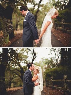 the bride and groom are holding hands