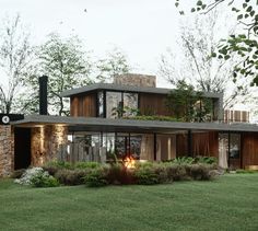 a modern house with stone and wood exterior