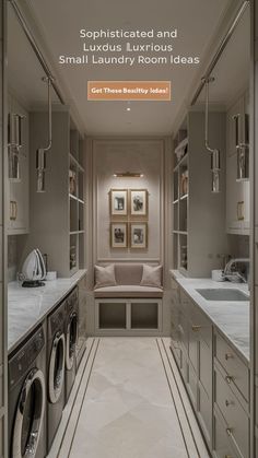 a washer and dryer sitting in a room next to each other with the words sophisticated and luxurious small laundry room ideas