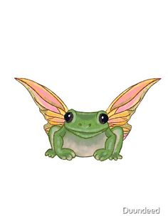 a green frog with pink wings sitting on top of it's back legs and eyes