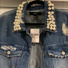 Forever 21 Jean Jacket. Beautiful With Pearls On The Collar Trendy Summer Outerwear By Forever 21, Pearl Jean Jacket, Denim And Pearls, Jacket Inspiration, Diy Clothes Accessories, Camouflage Fashion, Jacket Ideas, Denim Art, Forever 21 Jeans