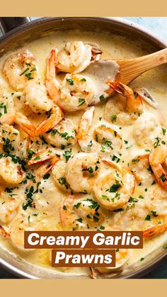 a skillet filled with shrimp and cheese