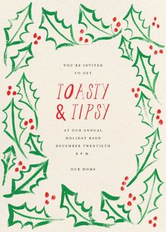 a holiday card with holly leaves and berries on the front, in green and red