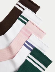 Kids can stock up on essentials with this handy five-pack of cotton-rich sports socks. Ankle-high style, made with added stretch for comfort. They combine sporty double stripes with pretty picot trims. Socks Ankle, Sports Socks, Sport Socks, M S, High Fashion, Stripes, Socks, Sports