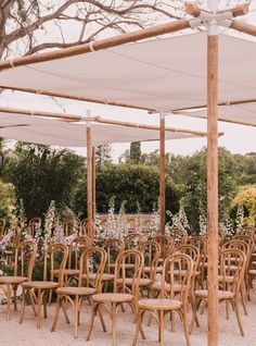 rows of wooden chairs and tables under an awning with flowers in the foreground