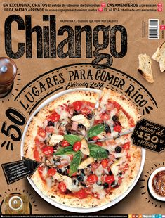 a magazine cover with a pizza on the front and other food items in the back