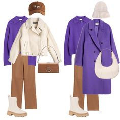 Tan And Purple Outfit, Long Purple Coat Outfit, Purple Winter Outfit Aesthetic, Beige And Purple Outfit, Purple And Cream Outfit, Purple Coat Outfit Winter, Purple And Beige Outfit, Purple Coat Outfit, Outfits Colourful