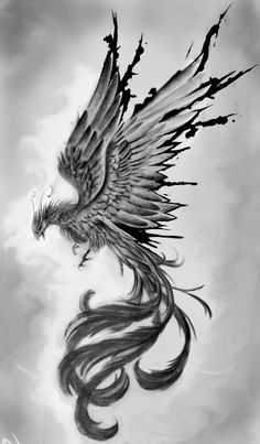 a black and white drawing of a bird with long hair on it's wings