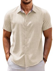 PRICES MAY VARY. Premium Fabric -- This mens short sleeve button down shirts made of soft, breathable and lightweight fabric, casual, comfortable and skin-friendly, perfectly suitable for all seasons. Casual Shirt Design --- Men linen beach shirt features basic design, short sleeves, button closure and unique plaid collar bringing you more wearing possibilities. It's loved by people of all ages. Summer Outfit -- Men casual button down shirts is easy to match with beach shorts, solid t-shirts, li Solid Color Short Sleeve Beach Shirt, Solid Color Short Sleeve Shirt For Vacation, Casual Collar Short Sleeve Shirt For Vacation, Casual Collar Solid Short Sleeve Shirt For Vacation, Vacation Casual Collar Solid Short Sleeve Shirt, Solid Color Camp Shirt With Buttons For Summer, Solid Short Sleeve Shirt With Button Closure For Beach, Solid Color Short Sleeve Shirt With Relaxed Fit, Beach Wedding Guest Attire Mens