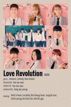 the poster for love revolution is shown in many different languages, including korean and english