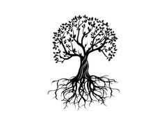 a black and white drawing of a tree with roots