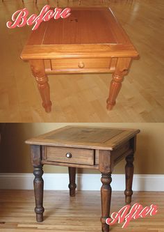 before and after photos of a small wooden table with drawers on each side that has been turned into an end table