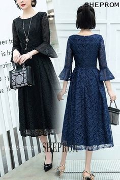 Buy navy blue lace midi wedding party dress with flare sleeves id#S1679 at SheProm. SheProm.com is an online store with thousands of formal dresses. Shop 100% authentic prom dresses with free standard shipping. Best Wedding Guest Dresses, Wedding Party Dress, Semi Formal Dresses, Flare Sleeves, Online Wedding Dress, Dress Formal, Tea Length, Wedding Party Dresses