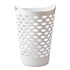 a white plastic cup with holes on the side and bottom, sitting in front of a white background