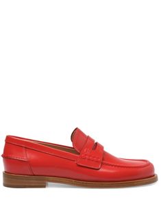 bright red calf leather penny slot branded insole round toe flat sole Classic Loafers With Red Sole For Office, Classic Loafers With Red Sole For Work, Classic Loafers With Red Sole And Plain Toe, Classic Business Loafers With Red Sole, Classic Loafers With Red Sole For Business, Classic Moccasins With Red Sole, Classic Red Round Toe Loafers, Classic Red Sole Slip-on Flats, Classic Red Loafers With Round Toe