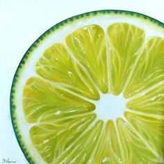 a painting of a slice of lemon on a white surface with green trim around the edges