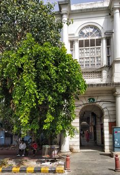 an old building with people sitting under a tree