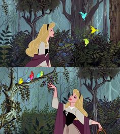 the princess in the forest with birds flying around her