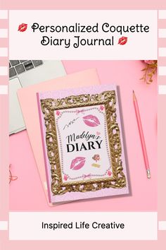 the personalized coquette diary journal is displayed on a pink desk with a laptop and pen