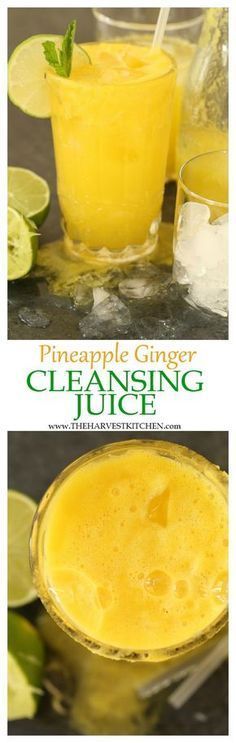 pineapple ginger cleanser is shown in two glasses with limes around the rim