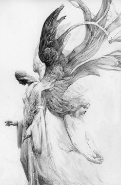 a pencil drawing of an angel with her wings spread out, and two other figures in the background