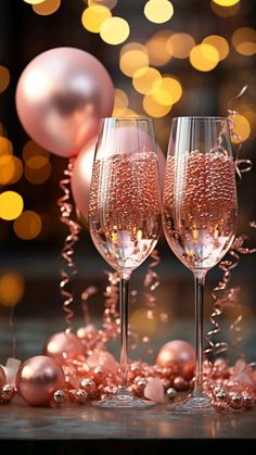 two champagne flutes with pink and gold decorations in front of a boke of balloons