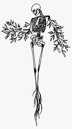 a skeleton hanging from a tree branch with its roots in it's arms and head