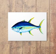 a blue and yellow fish on a white paper next to wood planks with a wooden floor