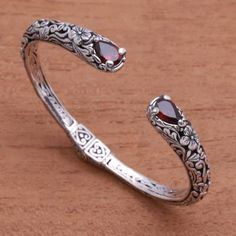 Floral Garnet Cuff Bracelet Crafted in Bali - Hint of Twilight | NOVICA Sterling Silver Dangle Earrings, Bracelet Crafts, Balinese, Silver Cuff Bracelet, Silver Earrings Dangle, Silver Bangles