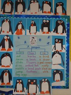 a bulletin board with penguins on it