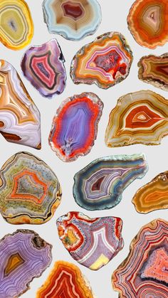 many different types of agate stones are shown in this image, including red, yellow and