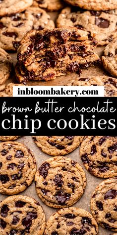 brown butter chocolate chip cookies stacked on top of each other with the title text overlay