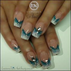 Nails December, Blue And White Nails, Luminous Nails, Teal Nails, French Nail, Sparkle Nails, Nail Swag, Nailed It