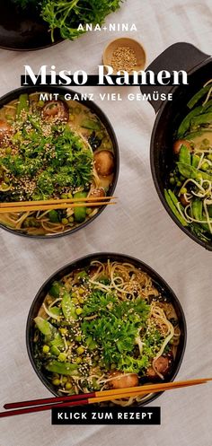 three bowls of miso ramen with chopsticks in them on a table