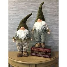 two garden gnomes sitting on top of books