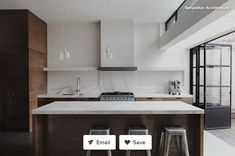 a kitchen with marble counter tops and stools