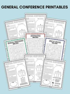 the general conference printables are shown in four different colors and sizes, including one with