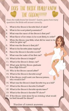 the bride's question is shown in this wedding printable game, which includes questions for