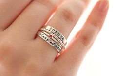 Class Ring Set, Sterling Silver Modern Class Rings, Personalized Graduation Gift for Her, High School Class of 2022, 2023, 2024, 2025, 2026 An alternative to traditional class rings, we're excited to offer a modern stackable version that is fun to wear! Please read all details below. Your set will include 4 rings: 1. Name Ring 2. Birthstone Ring OR School Color 3. Beaded Spacer Ring 4. Class of Ring S I Z I N G If unsure of size, please have a jeweler size your finger. I am unable to resize your Class Rings For Girls, Senior Rings, Class Rings High School, School Rings, College Rings, Class Rings, Graduation Rings, Birthstone Stacking Rings, Birthstone Colors